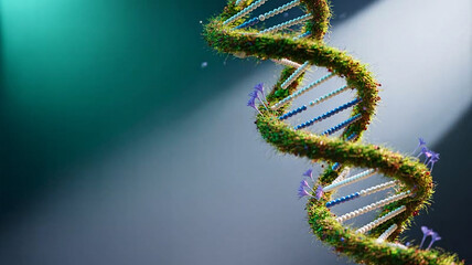 Intricate DNA strand with moss and flowers reveals nature's genetic blueprint for life science