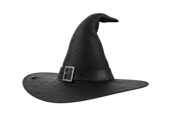 A black witch hat with a buckle, isolated on transparent background