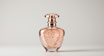 A perfume bottle, teardrop-shaped and rose-gold in color, featuring embossed flower design, resting on a white surface. Lit softly from above