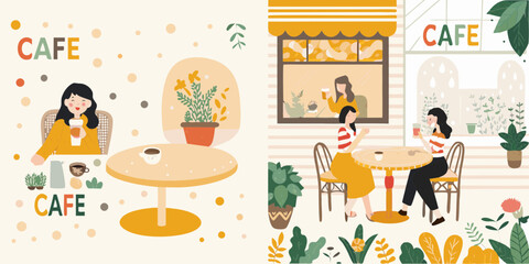 Illustrative Cafe Scenes with People Plants and Coffee Cups