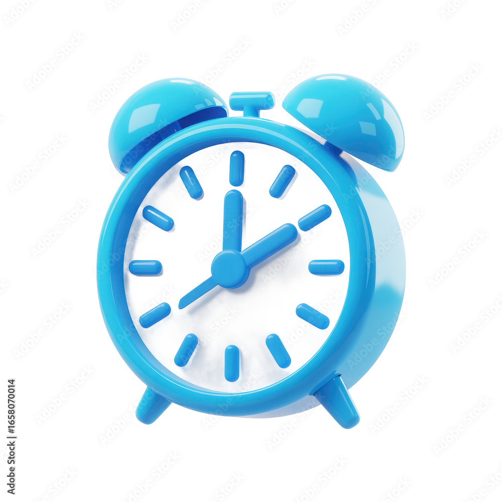 Poster bright blue retro alarm clock with bells and classic dial showing time isolated on transparent backg