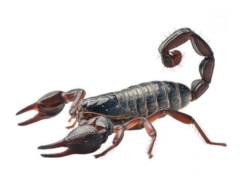 Detailed view of a dark scorpion with prominent pincers and segmented tail isolated on transparent background