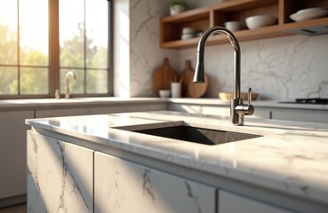 Modern kitchen island with marble granite countertop, integrated sink. Features sleek cabinetry, natural light from large window, stylish faucet. Perfect for contemporary home interior design,