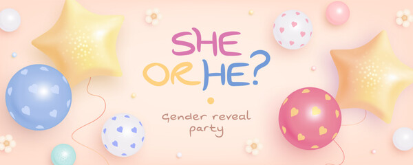 He or she. Boy or Girl. Cartoon gender reveal invitation, flyer or wallpaper design template. Horizontal banner with realistic helium balloons. Vector illustration