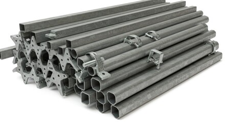 A pile of galvanized steel scaffolding components, including tubes, square beams, and star-shaped supports, with connecting clamps