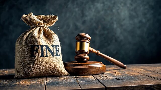Money sack labeled fine beside wooden gavel on rustic desk under dramatic light symbolizing justice and penalty