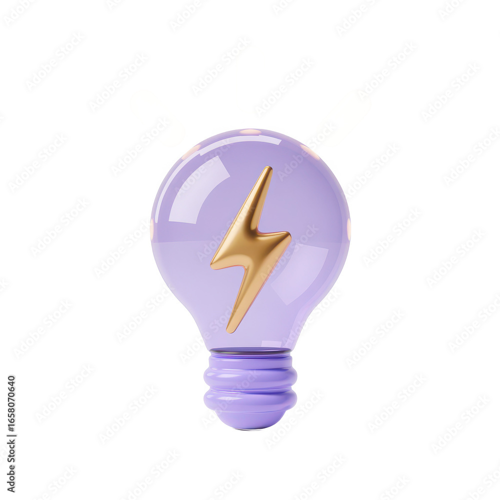 Poster Illuminated lightbulb with golden lightning bolt symbol inside representing innovation and bright ideas isolated on transparent background