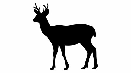Silhouette of a deer with antlers standing in profile against a white background looking to the left