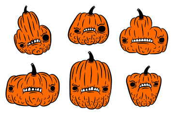 Vector illustration set of six angry cartoon pumpkins, orange gourds with funny faces, bold outline, Halloween design.