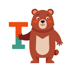 Playful Bear Character with Big Alphabet T Illustration, Cute Children's Book Art, Learning Letters, Fun Animal Design, Educational Vector