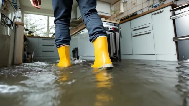 Flooded Kitchen: Person in Yellow Boots. Water damage is evident, creating a need for repair and safety measures. Waterproof footwear is key!
