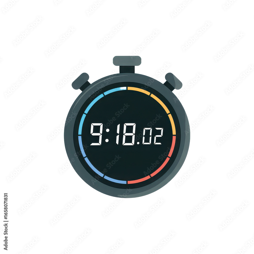 Poster digital stopwatch displaying time with colorful segmented ring isolated on transparent background