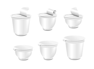 White plastic food packaging cups with lidwith lid for yogurt, sour cream, sauce,ice cream,vector set