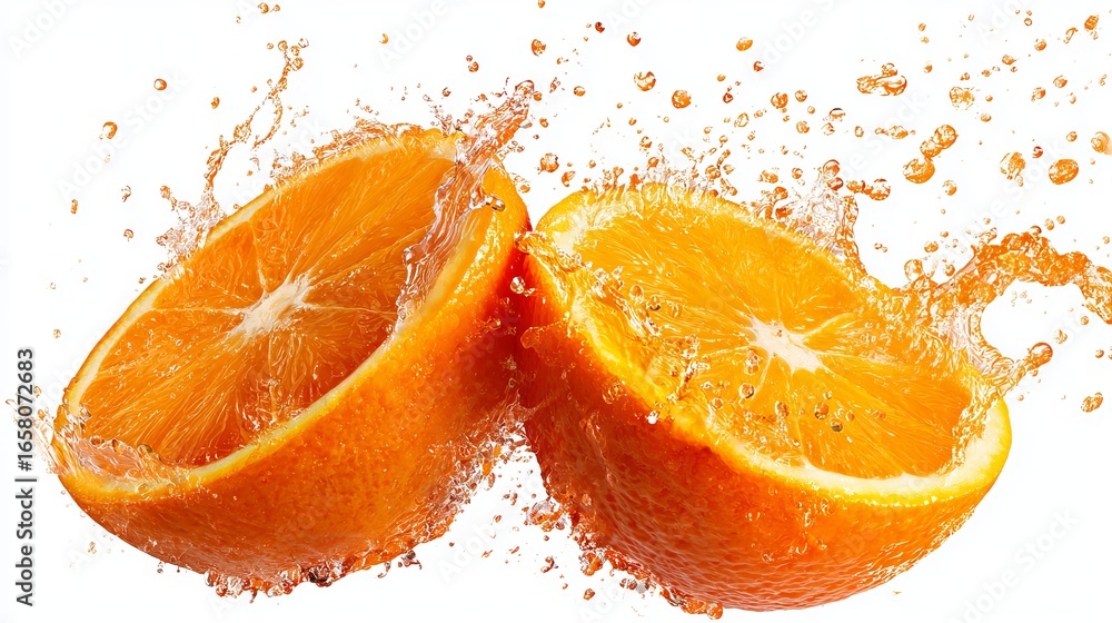 Poster juicy orange halves explode with fresh liquid, creating vibrant citrus splashes and refreshing dropl