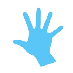 Vector illustration of an outlined hand with five fingers wearing a blue glove. The hand is positioned in a stop gesture, commonly used as a stop sign or warning symbol in medical or healthcare contex