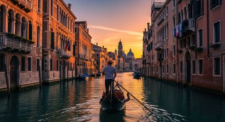 Venetian canal at sunrise, gondolier