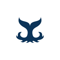 Stylized dark blue whale tail emerging from stylized waves, set against a clean white background.
