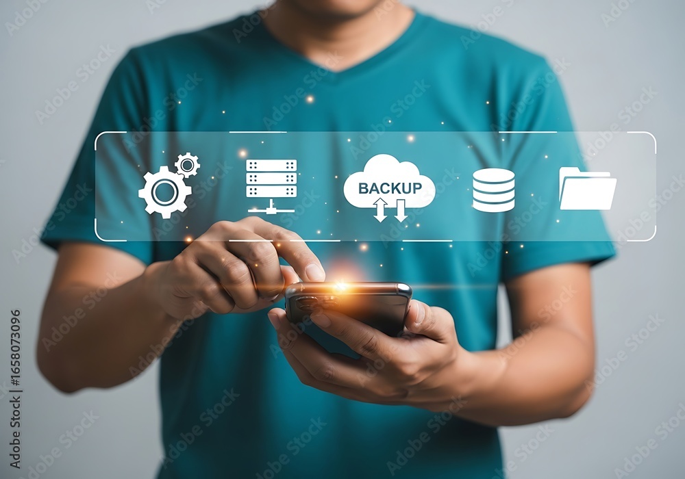 Poster man using phone with cloud backup icons technology