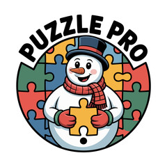 Puzzle pro snowman holding jigsaw piece inside badge, brain game christmas vector, poster card typography, educational sticker printable