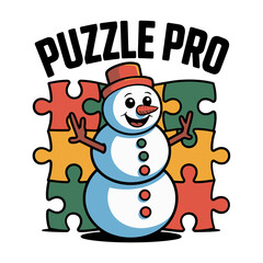 Puzzle pro snowman mascot with colorful jigsaw pieces, playful winter learning theme, cute christmas poster design, vector typography artwork