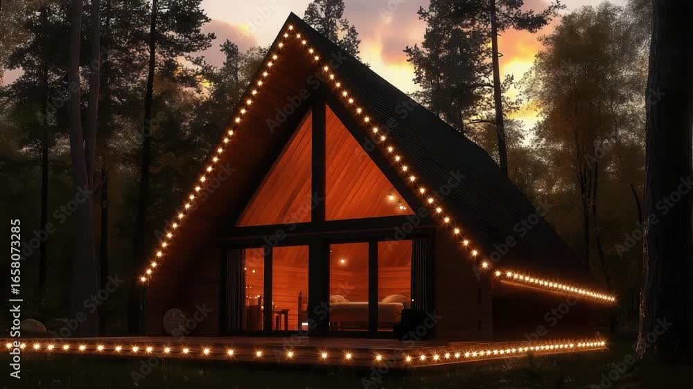 Poster Illuminated A frame wooden cabin in a dense forest at twilight with glowing string lights