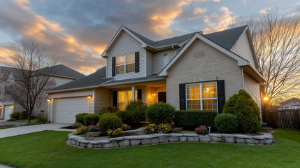 Beautiful Suburban Home Exterior with Manicured Lawn at Sunset Scenery. Ai Generated Images