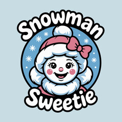 Snowman sweetie portrait, cute character with bow and rosy cheeks, snowflake frame, adorable christmas sticker poster vector