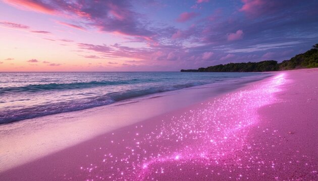 Sparkling Pink Waves on Magical Beach
