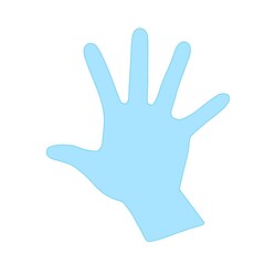 Vector illustration of an outlined hand with five fingers wearing a blue glove. The hand is positioned in a stop gesture, commonly used as a stop sign or warning symbol in medical or healthcare contex