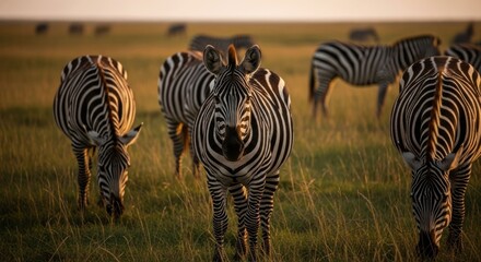 Fototapeta premium Zebras grazing in savanna at golden hour