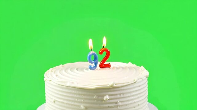Celebrate milestone moments with a festive birthday cake featuring lit "92" candles against a vibrant green background, perfect for anniversaries or special celebrations.