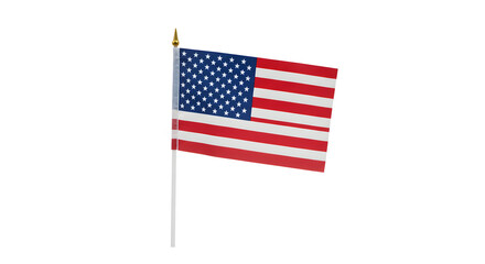 Small American Flag on White Pole with Gold Finial, Isolated on Pure White Background
