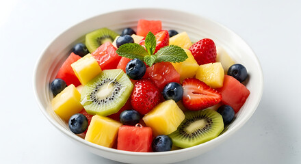 A vibrant fruit salad with a mix of strawberries, kiwi, blueberries, and pineapple, garnished with mint leaves and a sprig of mint, served in a white bowl