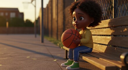 A cute cartoon girl sits on a park bench holding a basketball at sunset.