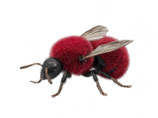 Detailed macro view of a fluffy red bee with intricate wings and legs isolated on transparent background
