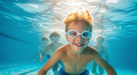 Naklejka premium Happy Kids Swimming Underwater in Pool with Goggles