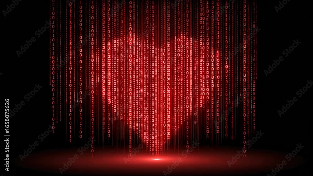 Poster a digital heart made of binary code cascades against a dark backdrop, symbolizing love in the age of