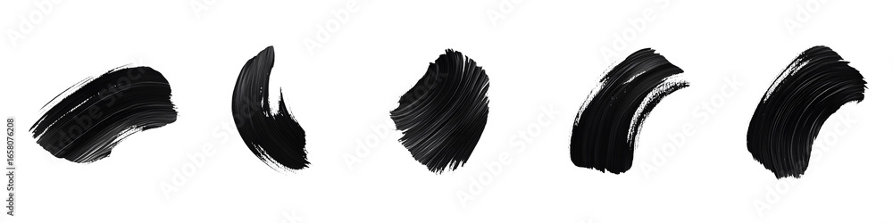 Poster set of five distinct black paint brush strokes with visible texture each dark abstract artistic elem