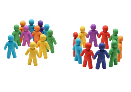 Colorful plastic figures arranged in two distinct groups, representing teamwork and community, isolated on a transparent background
