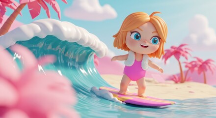 Cute cartoon girl surfing a wave on a tropical beach.