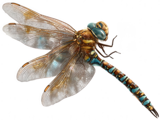 Detailed close up of a brown and blue dragonfly with intricate wings isolated on transparent background