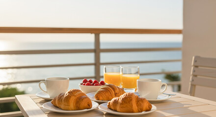 Delicious breakfast on a sunny balcony overlooking the ocean in a serene morning setting