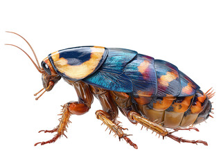 Detailed macro view of a vibrant cockroach isolated on transparent background