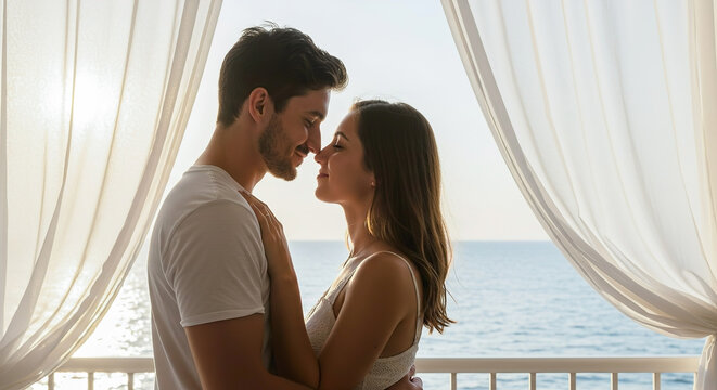 Couple shares an intimate moment by the sea during sunset at an oceanfront balcony