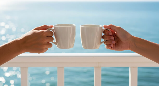 Couples enjoy morning coffee on a balcony overlooking a serene ocean view at sunrise