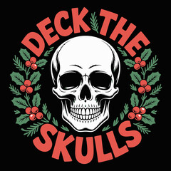 Jingle bones holiday badge, skull with striped elf hat and stars, festive gothic mashup, vector sticker design for seasonal apparel