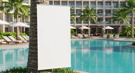 Stand with blank space near pool in a tropical resort with palm trees and lounge chairs during summer