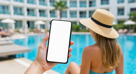 Hand holding a smartphone while young woman enjoying a sunny day by the water