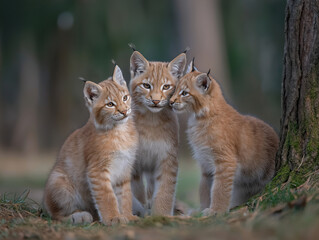 Three adorable lynx kittens playfully interacting in a natural forest setting, showcasing their playful nature and curiosity in a serene environment with soft lighting
