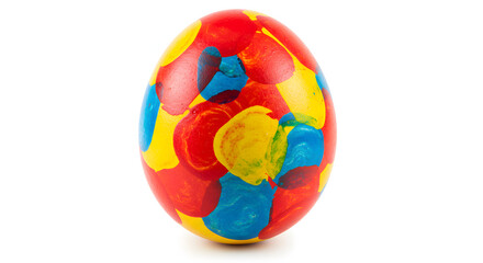 Vibrant Hand-Painted Easter Egg with Abstract Red, Yellow, and Blue Design on White Background